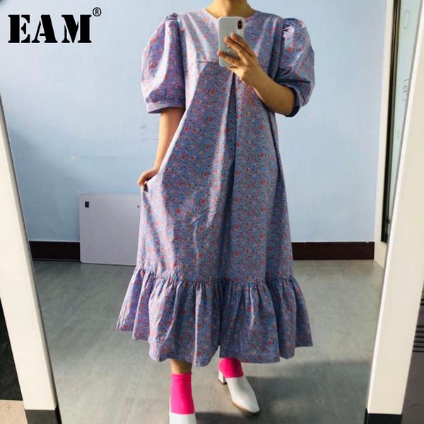 

eam] women pattern printed ruffles big size long dress new v-neck puff sleeve loose fit fashion tide spring summer 2020 1u75, White;black