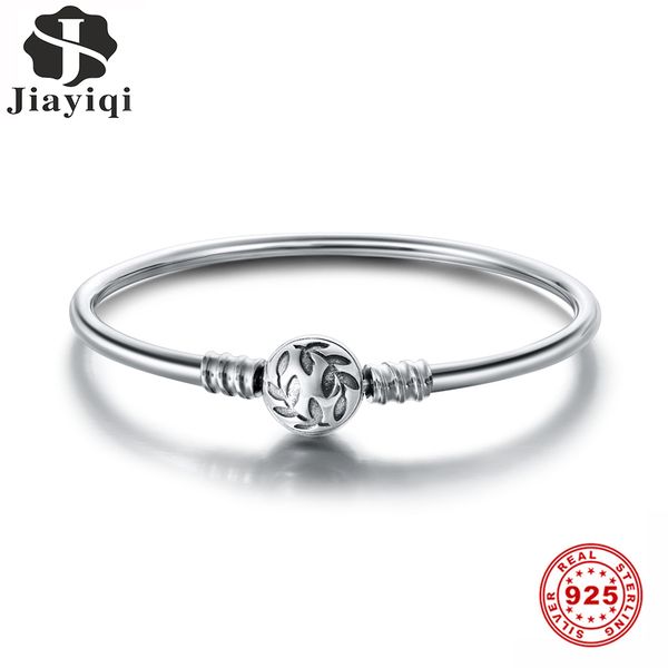

jiayiqi silver bangle 925 sterling silver olive leaf round smooth tube bracelets for women fit brand diy jewelry 17 18 19 20cm, Golden;silver