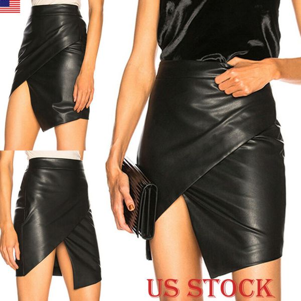 

women high waisted pencil wrap skirt bodycon pu leather mini skirt club ladies, Black