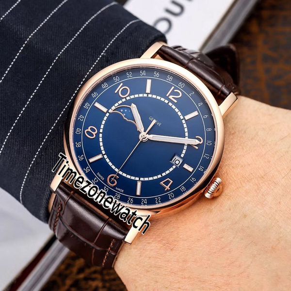 New Patrimony Moon Phase Miyota 8217 Orologio automatico da uomo in oro rosa Quadrante blu Numero di indicatori Stick Orologi in pelle marrone Timezonewatch E50a1