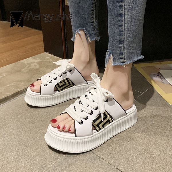 

color block totem elastic band creepers slippers women lace-up peep toe platform slides korean cut-out sneakers muffins sandales, Black
