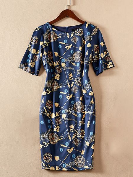 

vintage print women sheath dress round neck short sleeve dresses, Black;gray
