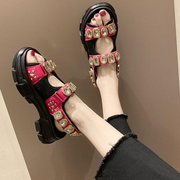 

sarairis new leisure flat platform women's shoes summer crystals design casual sandals woman, Black