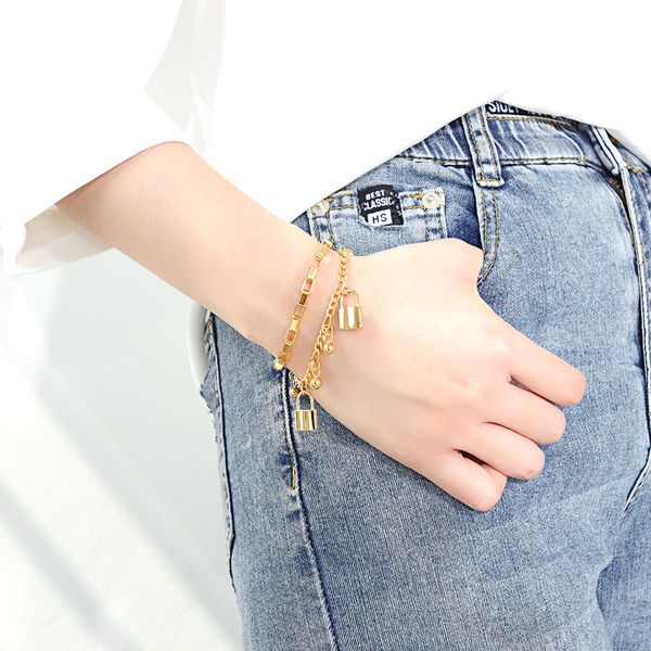 

n1059 women's awesome gifts gold stainelss steel charms bracelet box link chain lock ball charms bracelet 8.5'', Black