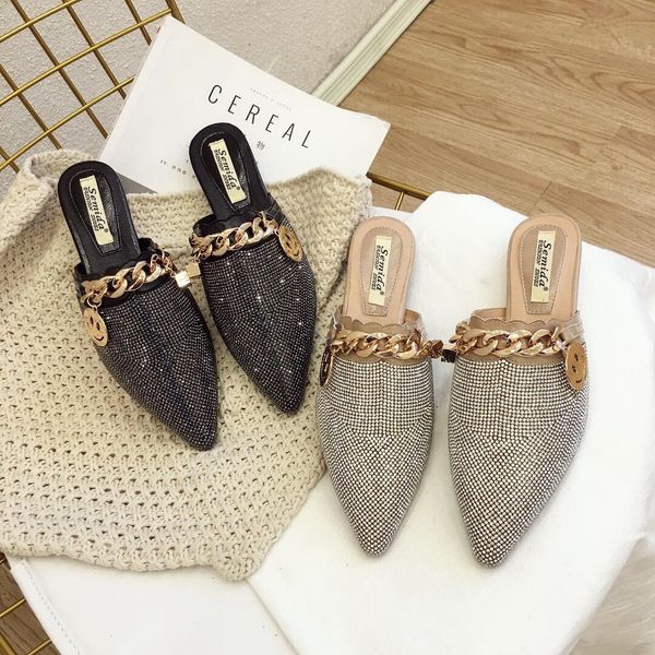 

crystal metal decoration closed toe slides women outside flat flat with slippers spring autumm solid ladies shoes, Black