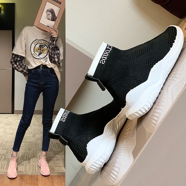 

fashion women knitted vulcanized sneakers flat shoes casual breathable lightweight shoes slip on sock air mesh sneaker, Black