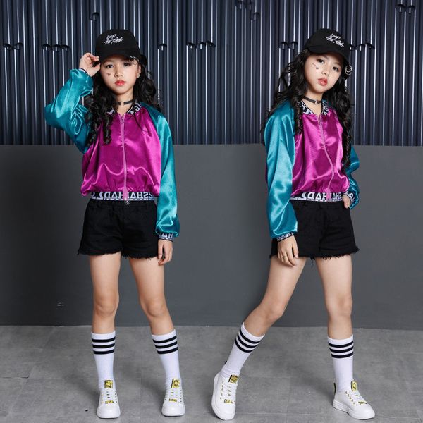 

girls stage dance costumes for kids 3pcs teenage girls hiphop jacket crop shorts sets children dance wear, White