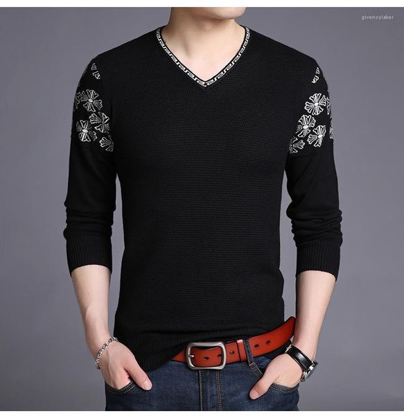 

sweaters fashion solid embroidery sweaters long sleeved knitted sweatshirts casual slim mens clothing spring autumn v-neck, White;black