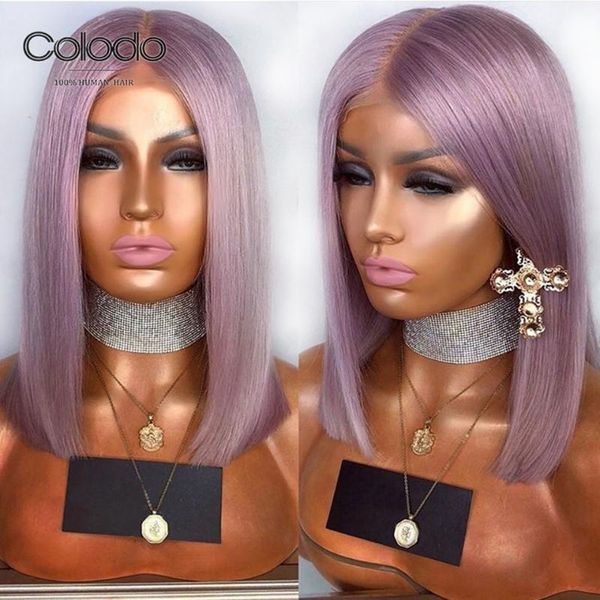 

colodo light purple bob lace front wigs with baby hair preplucked 12inch bob wig glueless short human hair wigs for back women, Black;brown