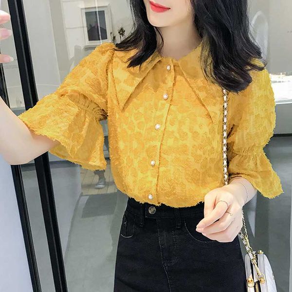 

new summer yellow flower chiffon shirt female flare sleeve women blouse elegant lace blusa, White