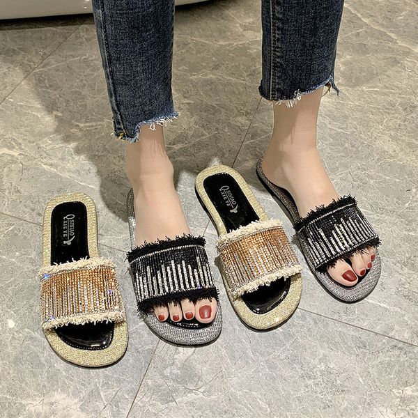 

shoes woman 2020 slippers casual low slipers women luxury flat new summer basic slides hoof heels fabric pu bling fretwork, Black