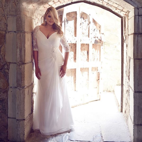 

elegant plus size sheath wedding dresses v neck with illusion sleeves lace applique chiffon beach style sweep train wedding bridal gowns, White