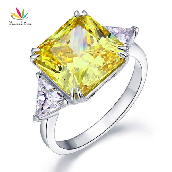 

peacock star solid 925 sterling silver three-stone luxury ring 8 carat yellow canary created diamante cfr8157 cj191116, Slivery;golden