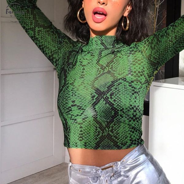 

2019 new women snake skin print mesh t shirt bare tees slim fit batwing sleeve see t shirt sale, White
