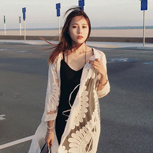 

wholesale-women lace hollow out crochet floral mesh patchwork cardigan bikini cover up casual 3 4 sleeve open stitch white beige, White;black