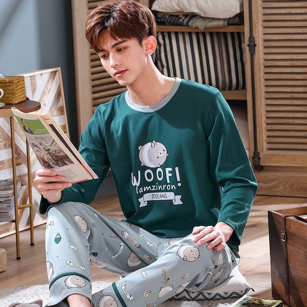 

men's pajamas set autumn cotton long-sleeved female cartoon thin sleepwear spring plus size two-piece suit trousers and top, Black;brown