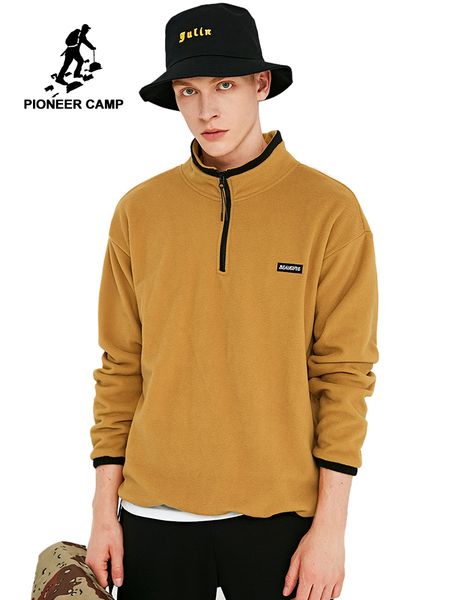 

pioneer camp new warm fleece hoodies men winter zipper 100% polyester fiber black yellow navy sweatshirts male ajk908194, Black;brown