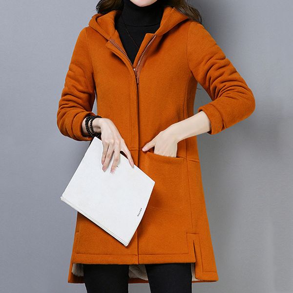 

streetwear lapel cashmere wool blend trench long coat hooded outwear oversize winter coat women yellow manteau femme hiver, Black