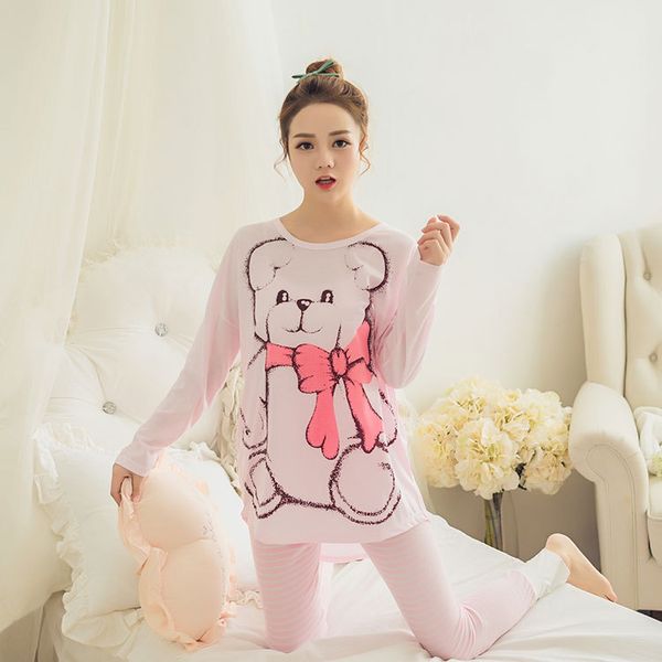 

cartoon printing pijama casual homewear pyjamas girl cute pink sleepwear spring women pajama sets long sleeve cotton pajamas, Blue;gray