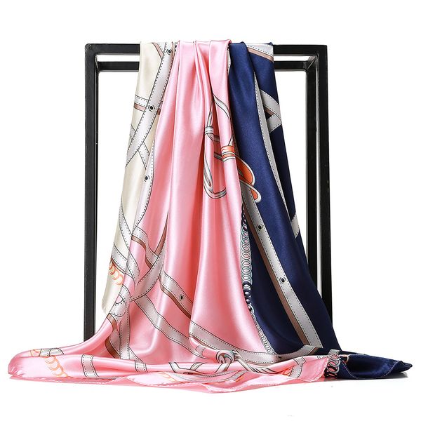 

lakysilk]new women large square scarves ladies muslim hijab chain print wrap satin silk scarf brand head neck pink scarf 90cm
