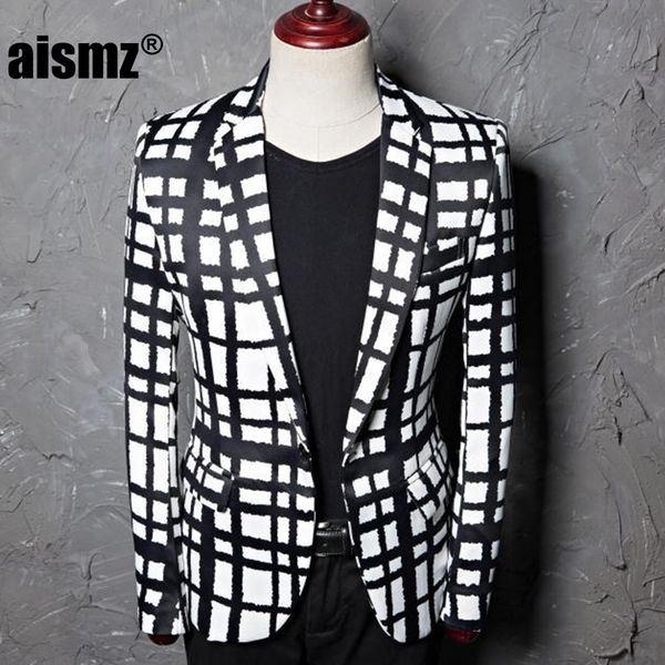 

aismz new tide men plus size 5xl black white plaid leisure time suit jacket blazer designs masculino slim fit costume homme, White;black