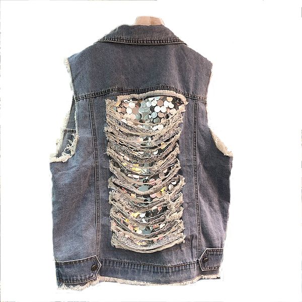 

spring weakened pailets jeans vest effects women gates denim vest mouwlless jeans women's vests summer women's vests, Black;white