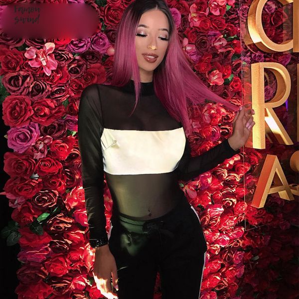 

флэш-reflective женщины bodysuit sexy прозрачный полиэстер mesh сращивания высокая шея с длинным рукавом 2019 осень зима клуб streetwear, Black;white