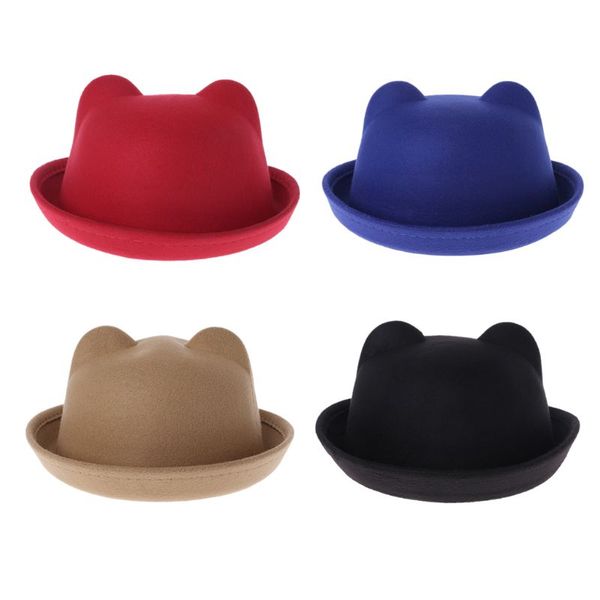 

stingy brim hats fashion wool parent-child women fedora bowler cat ear cap, Blue;gray