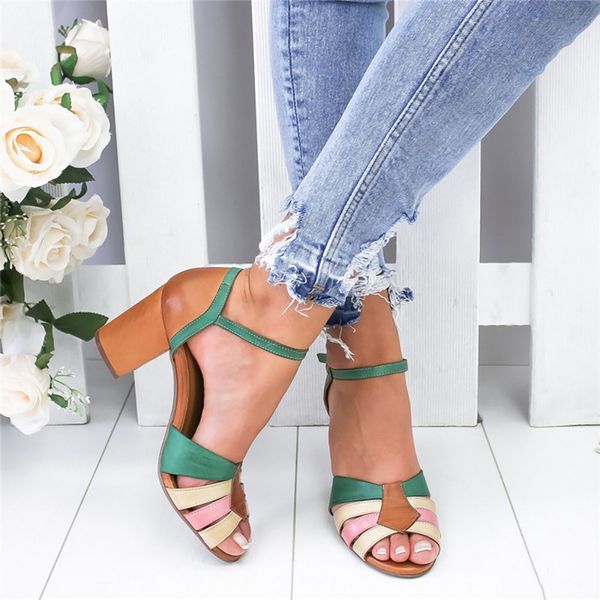 

shujin sandalias mujer 2020 new strap heel peep toe chunky heel sandals slip on elastic bandage sandals, Black