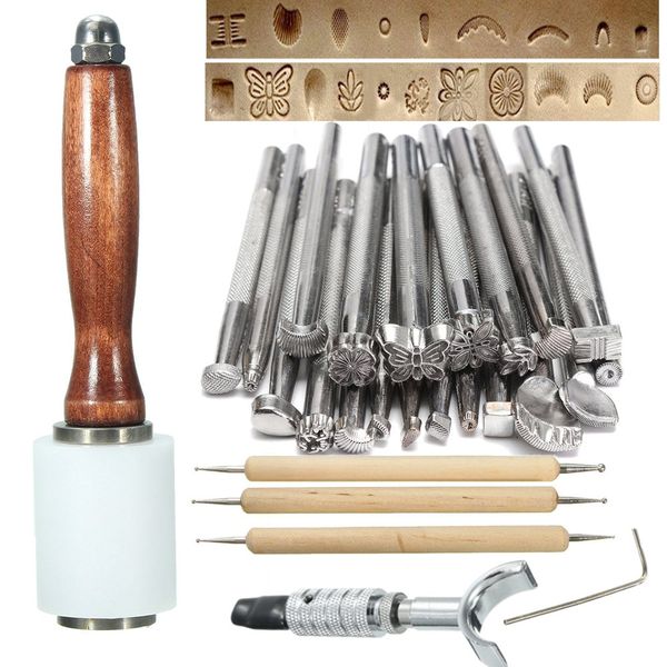 

newly 25pcs/set manual leather craft stamping carved wooden hammer embossing tools kit