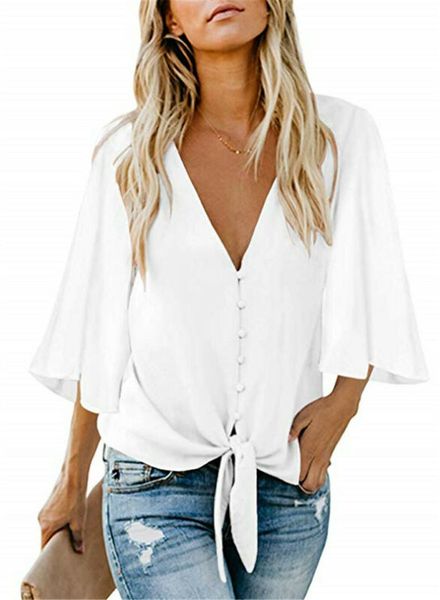 

meihuida women chiffon blouse shirt fashion batwingsleeve womens v-neck button blouses office ladies shirts, White