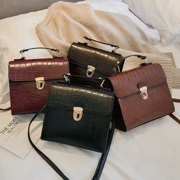 

women casual solid flap leather wild shoulder bag messenger bag vintage crocodile pattern handbags