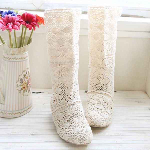 

women fashion leisure designer knitted knee boots long network cut-outs shoes retro solid color square heel boots, Black