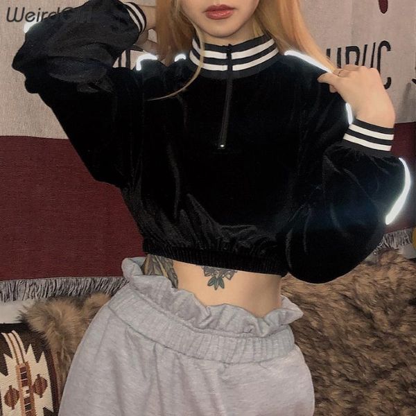 

weirdgirl women striped reflective fashion hoodis slim short streetwear turtlenck shirts female basic harajuku 2020 spring, Black