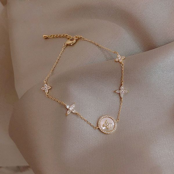 

fashion cubic zirconia natural shell stone charm bracelet for women exquisite gold chain girl jewelry gift, Black