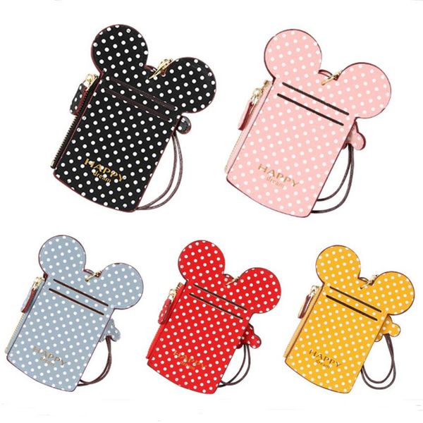 

happy dream card slot credit card holder bags cartoon ears dots printed coin purse with lanyard strap wallet credit card holders a52109, White
