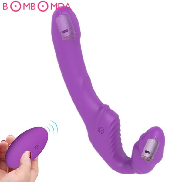 Trägerloser Strapon-Dildo-Vibrator für Paare, Frauen, doppelt vibrierender G-Punkt, erwachsenes Sexspielzeug für Lesben, Fernbedienung, USB-Vibrator, Y191221