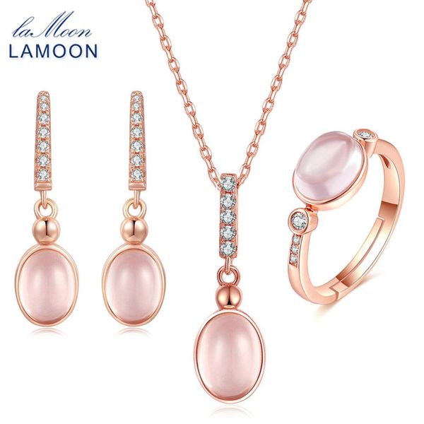 

lamoon sterling silver 925 jewelry sets gemstone rose quartz 18k rose gold plated fine jewelry gift set for women v021-1, Black