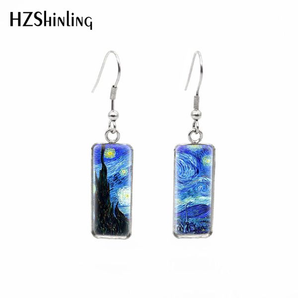 

2019 new van gogh paintings fish hook earring the starry night rectangular earrings glass hand craft jewelry, Silver
