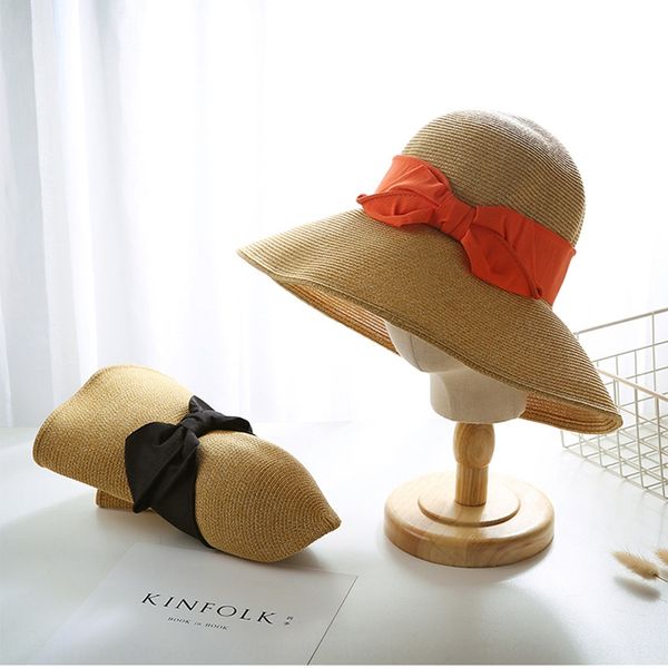 

japanese uv50 sunscreen girl female summer beach big eaves sun foldable straw hat straw hat tide, Blue;gray