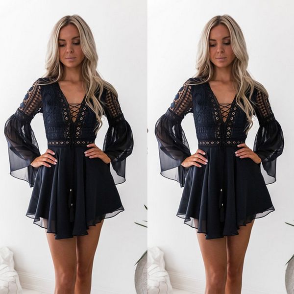 

hollow out chiffon dress women mini dress criss cross bandage lace semi-sheer plunge v-neck long sleeve dress, Black;gray
