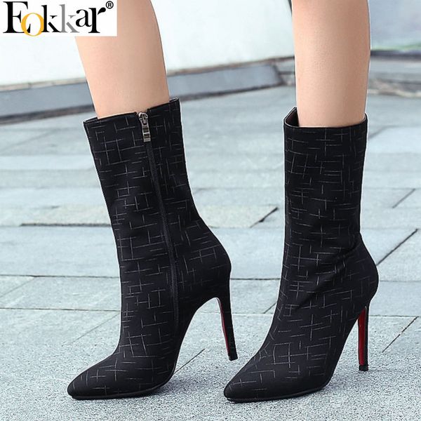 

eokkar 2020 women mid calf boots poined toe super thin high heel stretch fabric winter boots ladies size 34-43, Black