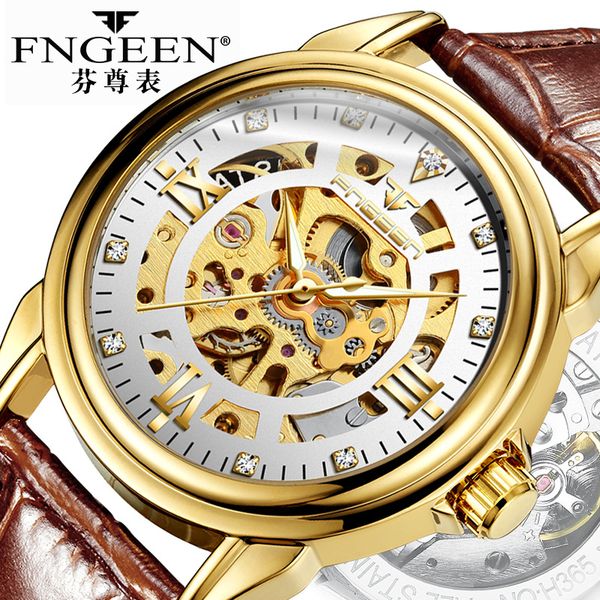 

relogio masculino fngeen 0014 brand luxury mechanical wristwatch male business leather strap skeleton dial automatic men watches, Slivery;brown