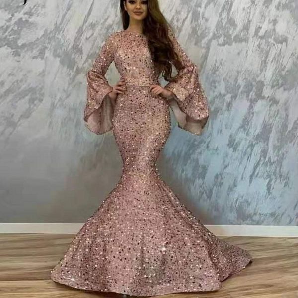 

2020 chic prom dresses beaded sequined mermaid evening dress long sleeves formal reflective dresses custom made, Black
