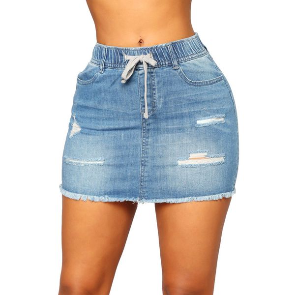 

women summer elastic waist stretch above knee bodycon mini ripped hollow out distressed party club denim skirts shorts 30, Blue