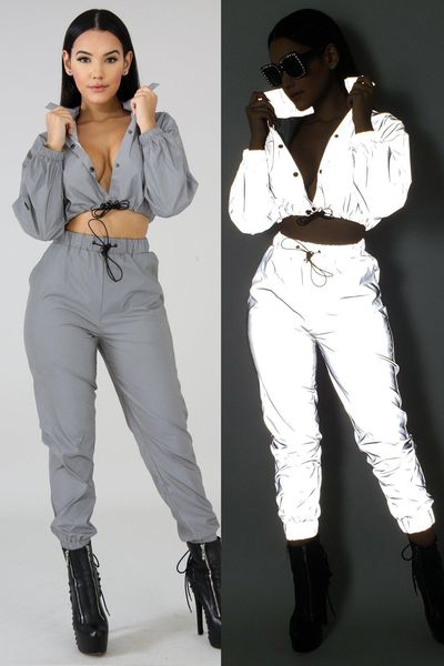 

женщины дизайнер 3m светоотражающие костюмы crop top брюки 2pcs одежда наборы повседневная мода двухкусочный штаны, White