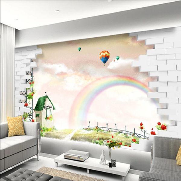

new custom large mural 3d wallpaper cute cartoon brick wall rainbow children's bedroom mural tv back wall decor deep 5d embossed