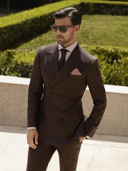 Yeni Yüksek Kalite Damat Smokin Kruvaze Kahverengi Tepe Yaka Groomsmen İyi Adam Suit Erkek Düğün Takımları (Ceket + Pantolon + Kravat) 713