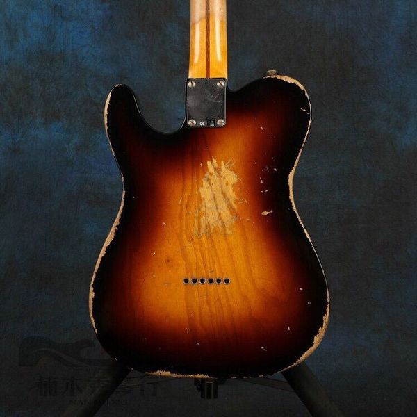 

custom shop handmade vintage sunburst heavy relic 1953 tele electric guitar alder body, maple neck & fingerboard, 3 brass saddle bridge