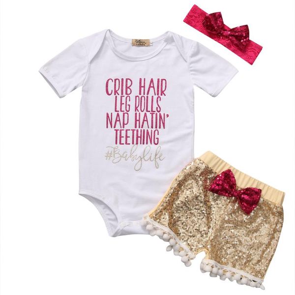 

baby clothes set 2020 new fashion soft au ship 3pcs girl clothing short sleeve romper sequin pants outfits, White